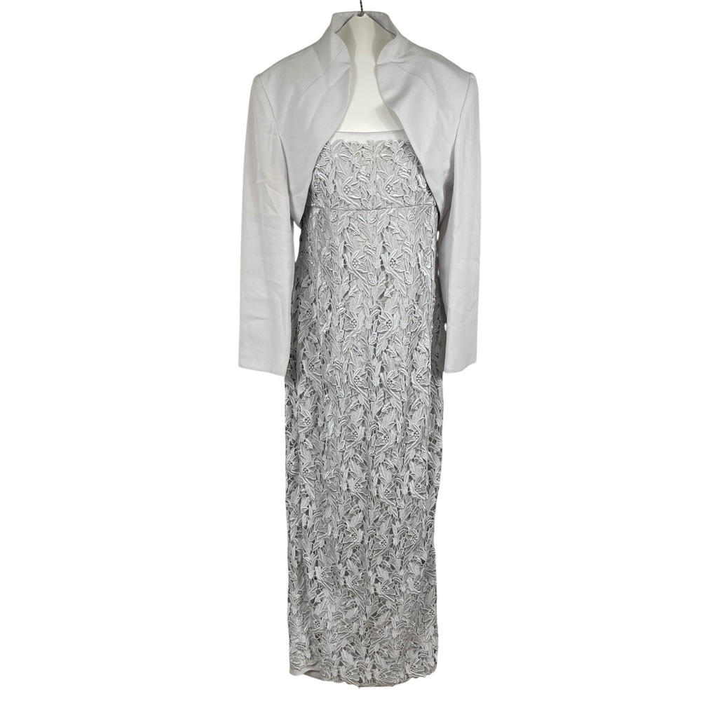 Daymor Couture Dress Jacket Set Womens 8 Silver Lace Overlay Formal Evening Gown
